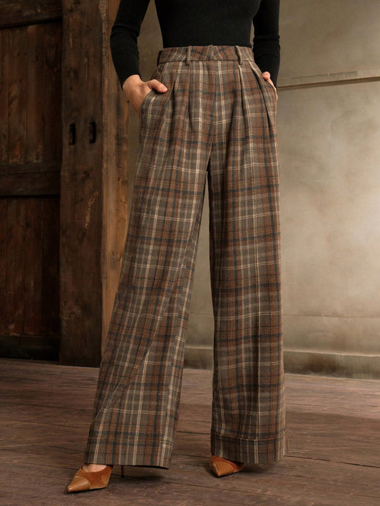 Vintage Checkered High-Waist Wide-Leg Trousers
