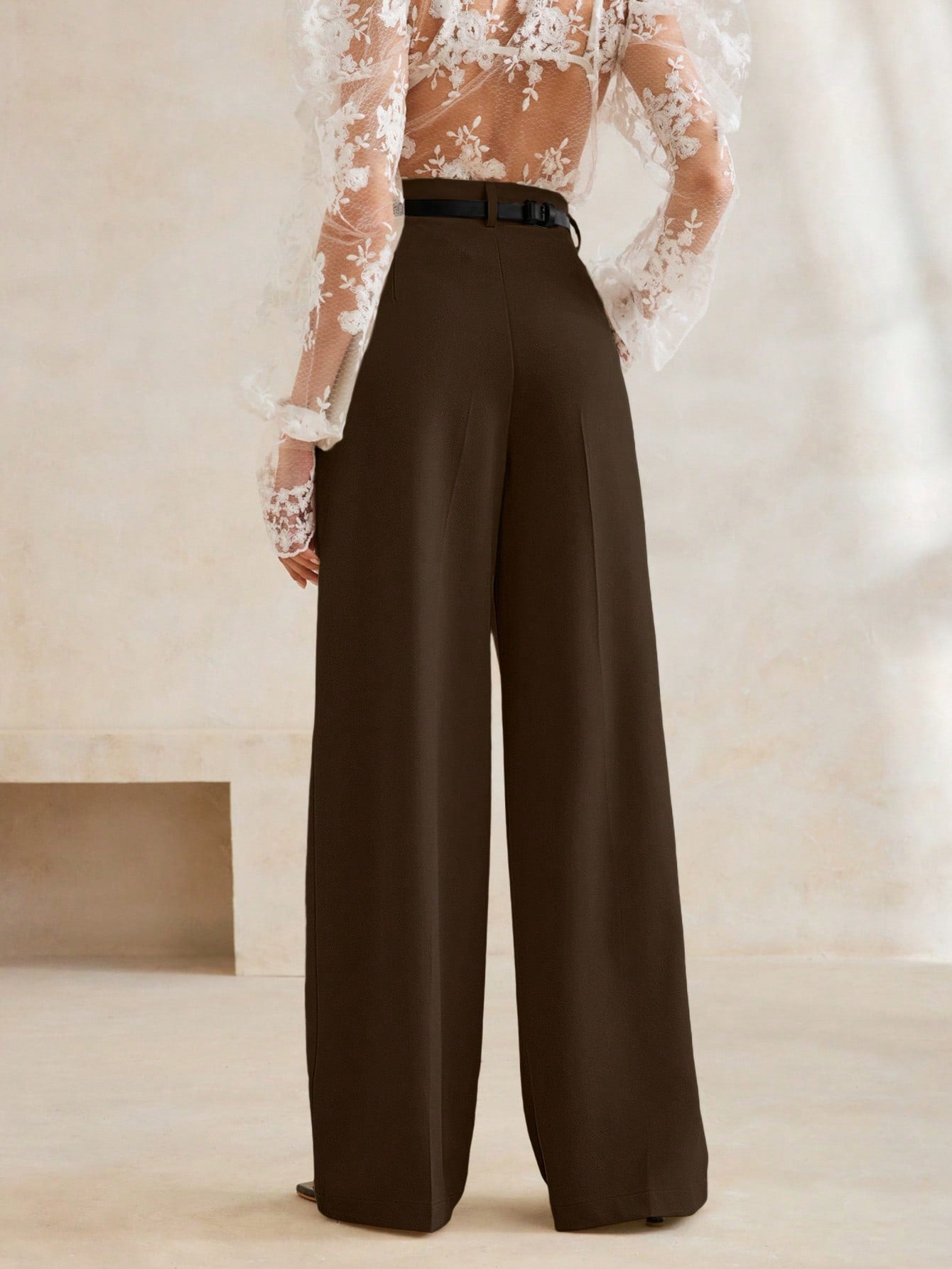 High-Waist Chocolate Brown Wide-Leg Trousers with Statement Belt