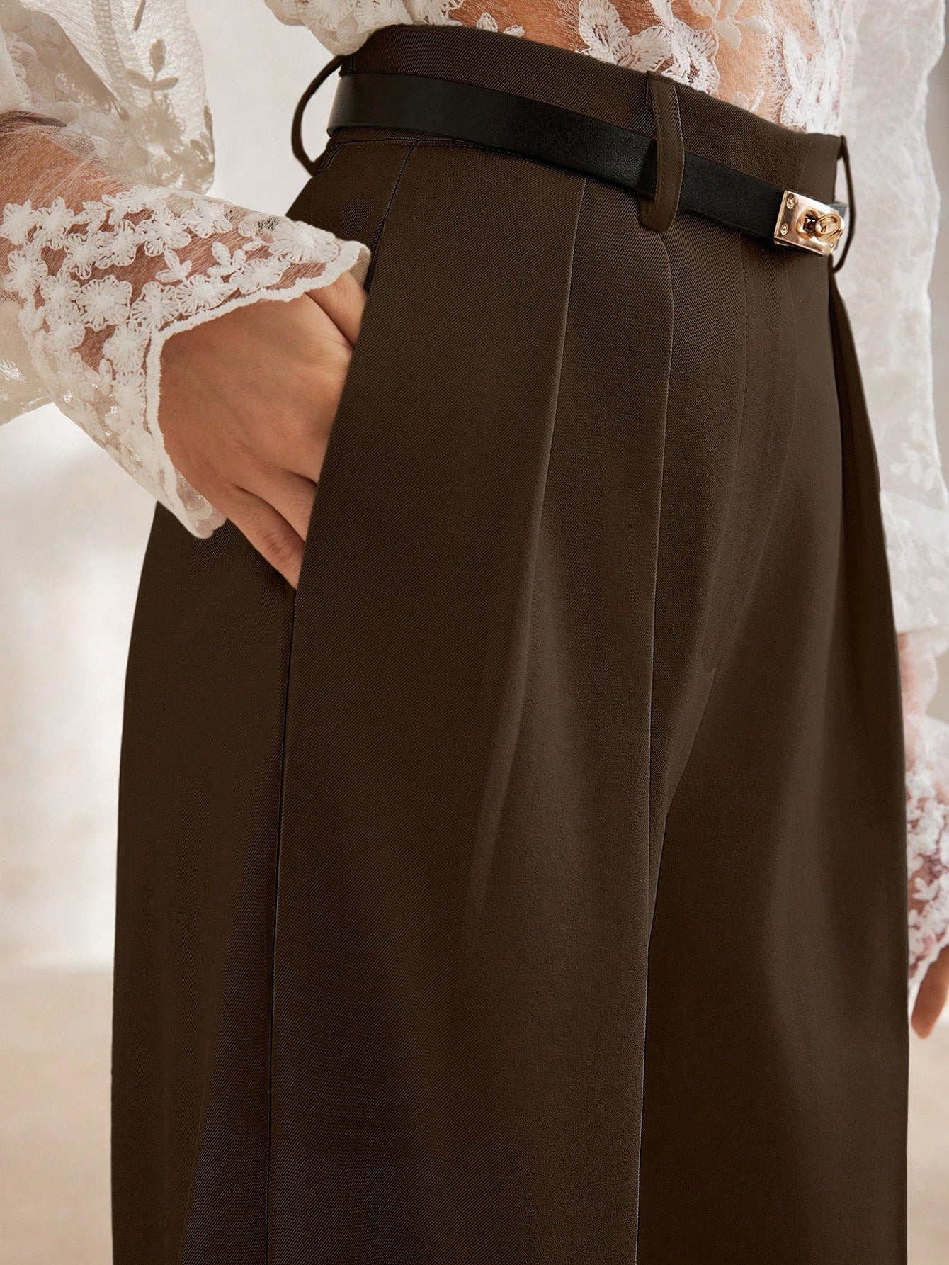 High-Waist Chocolate Brown Wide-Leg Trousers with Statement Belt