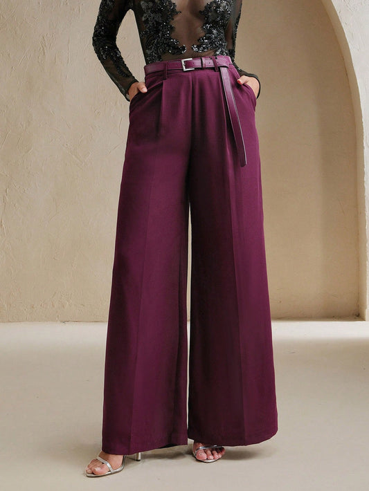 High-Waist Wine Wide-Leg Trousers with Sleek Belt