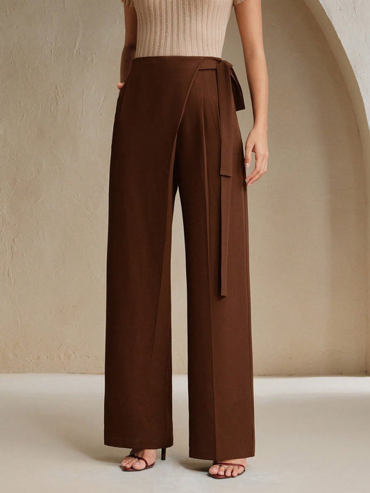 High-Waist Brown Wrap-Front Wide-Leg Trousers