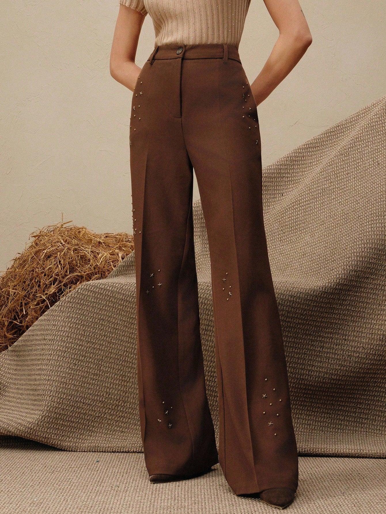 High-Waist Chocolate Brown Embellished Wide-Leg Trousers