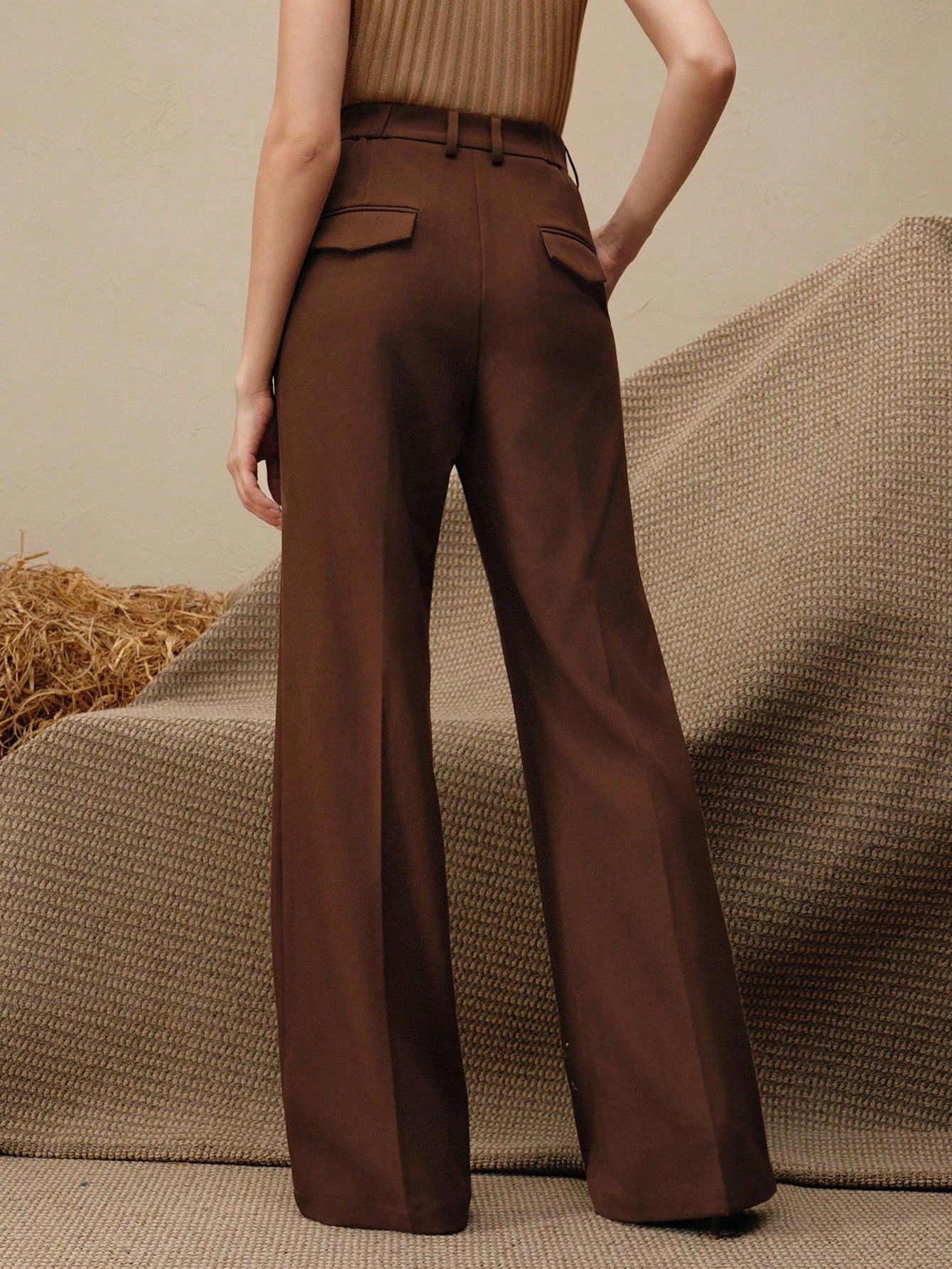 High-Waist Chocolate Brown Embellished Wide-Leg Trousers