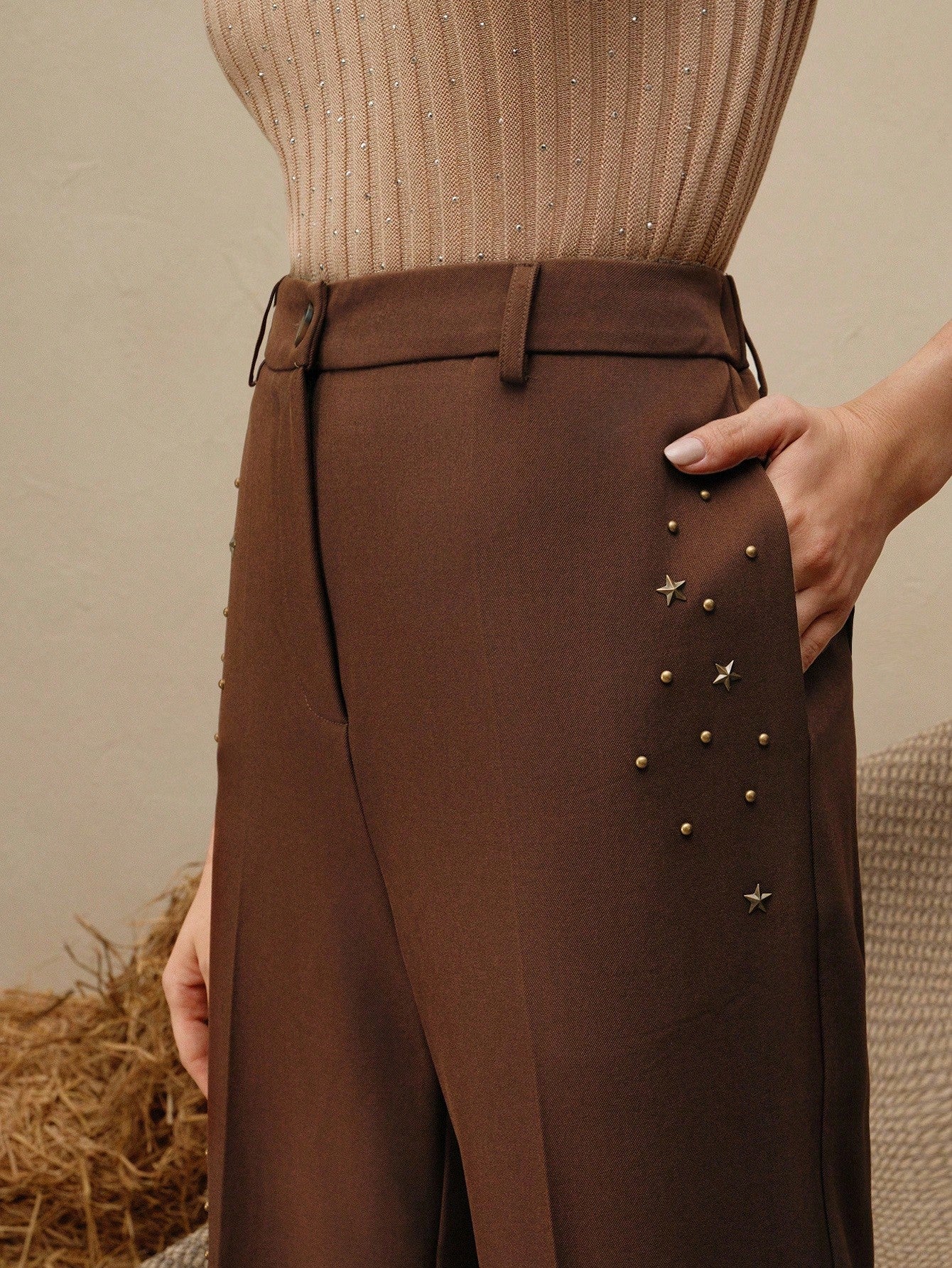 High-Waist Chocolate Brown Embellished Wide-Leg Trousers