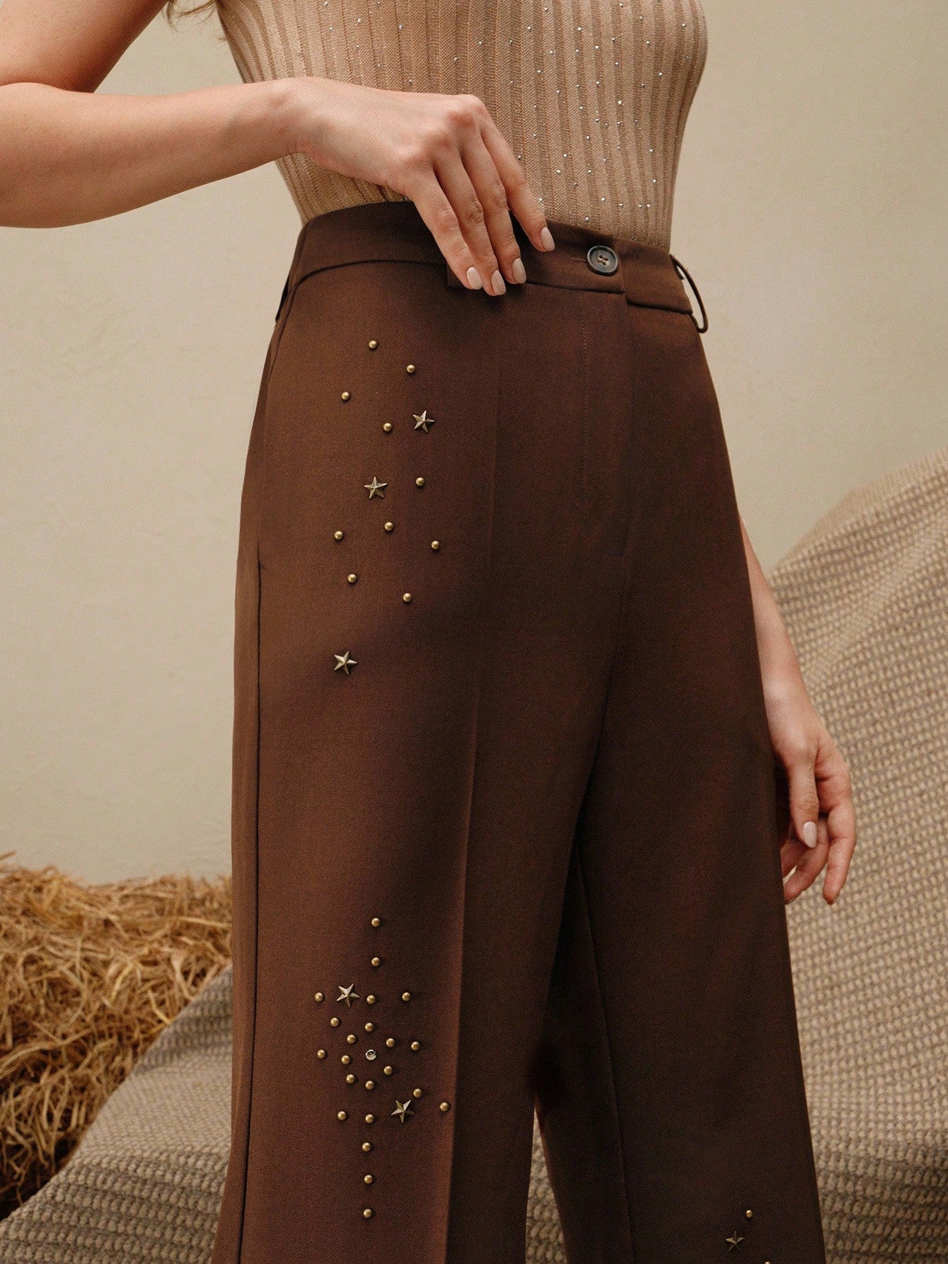 High-Waist Chocolate Brown Embellished Wide-Leg Trousers