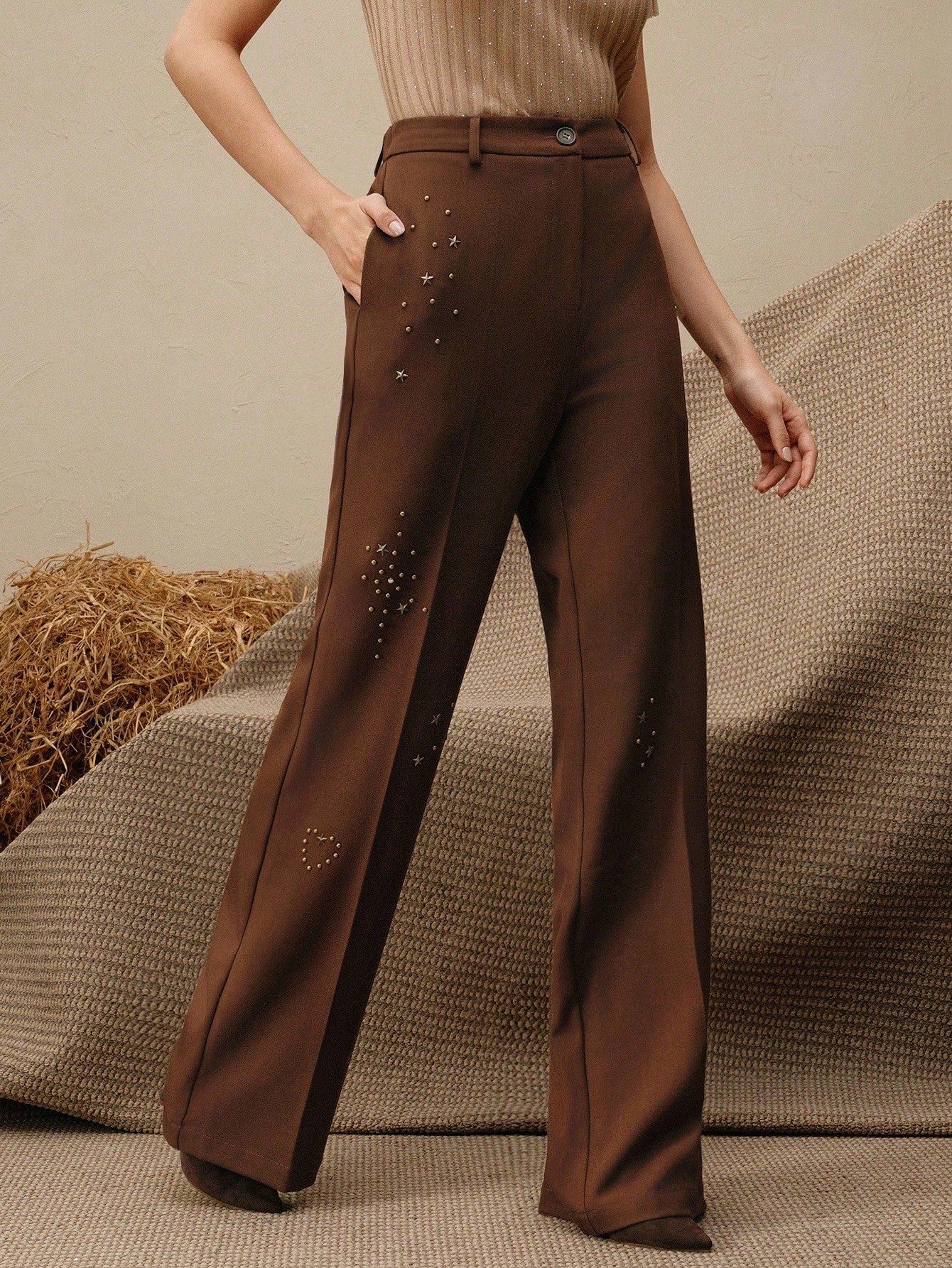 High-Waist Chocolate Brown Embellished Wide-Leg Trousers