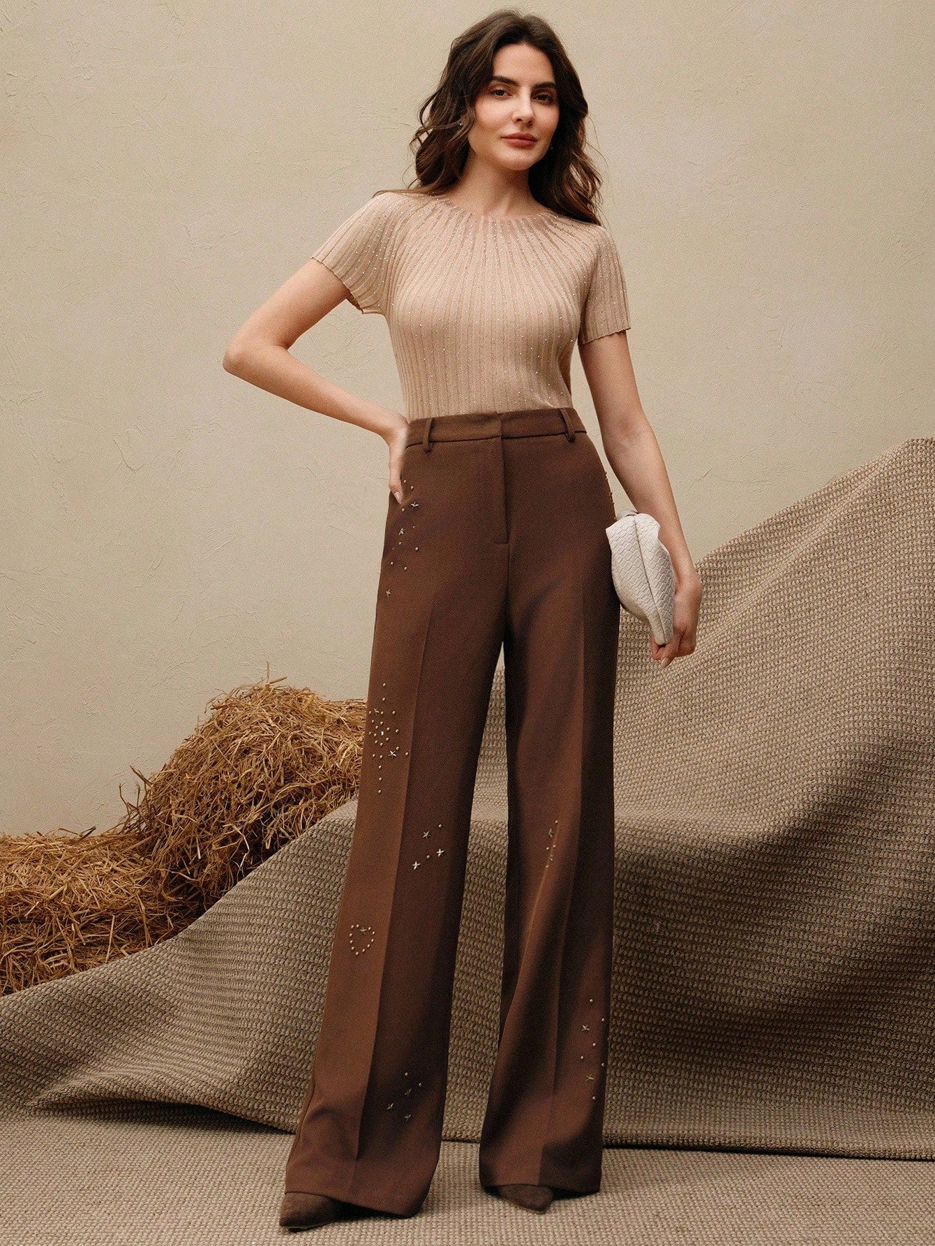 High-Waist Chocolate Brown Embellished Wide-Leg Trousers