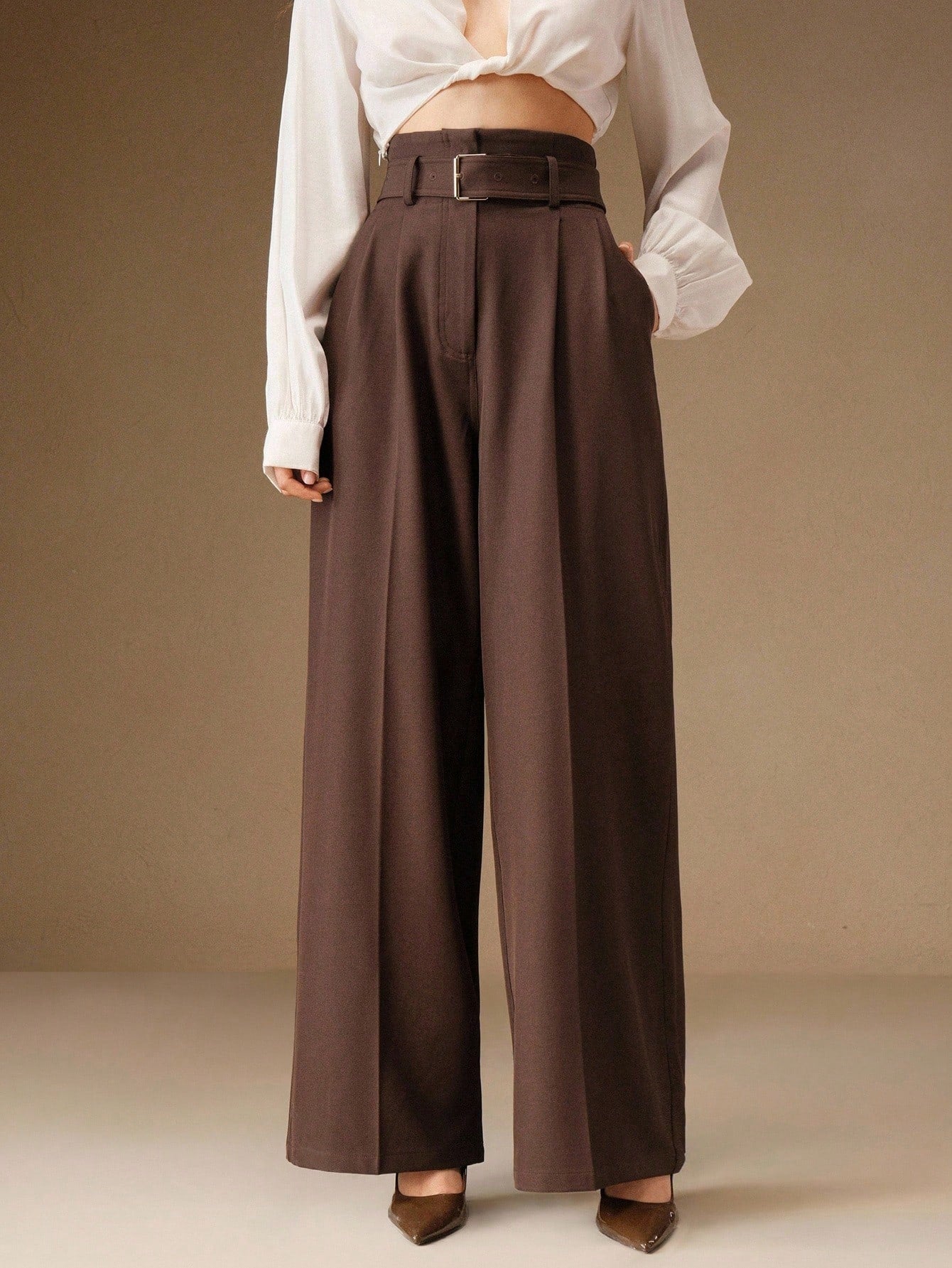 High-Waist Chocolate Brown Wide-Leg Trousers with Belt