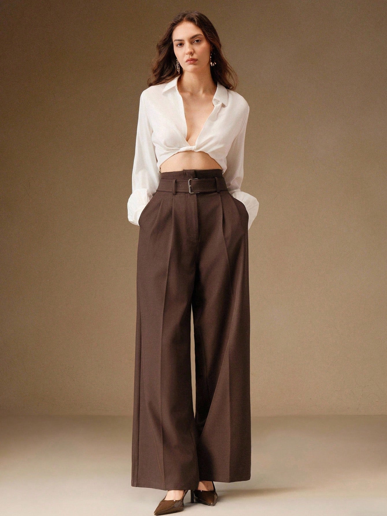 High-Waist Chocolate Brown Wide-Leg Trousers with Belt