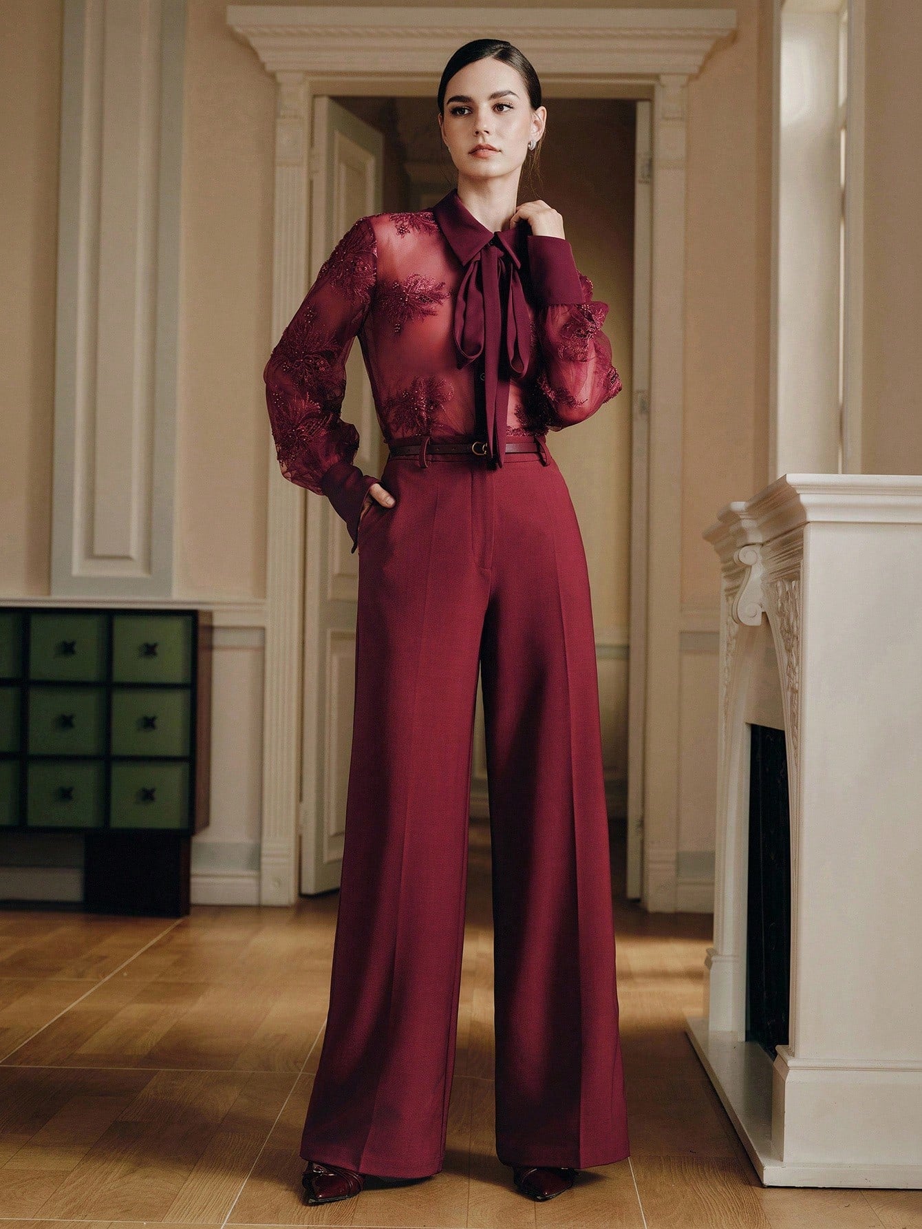High-Waist Burgundy Wide-Leg Trousers with Sleek Belt
