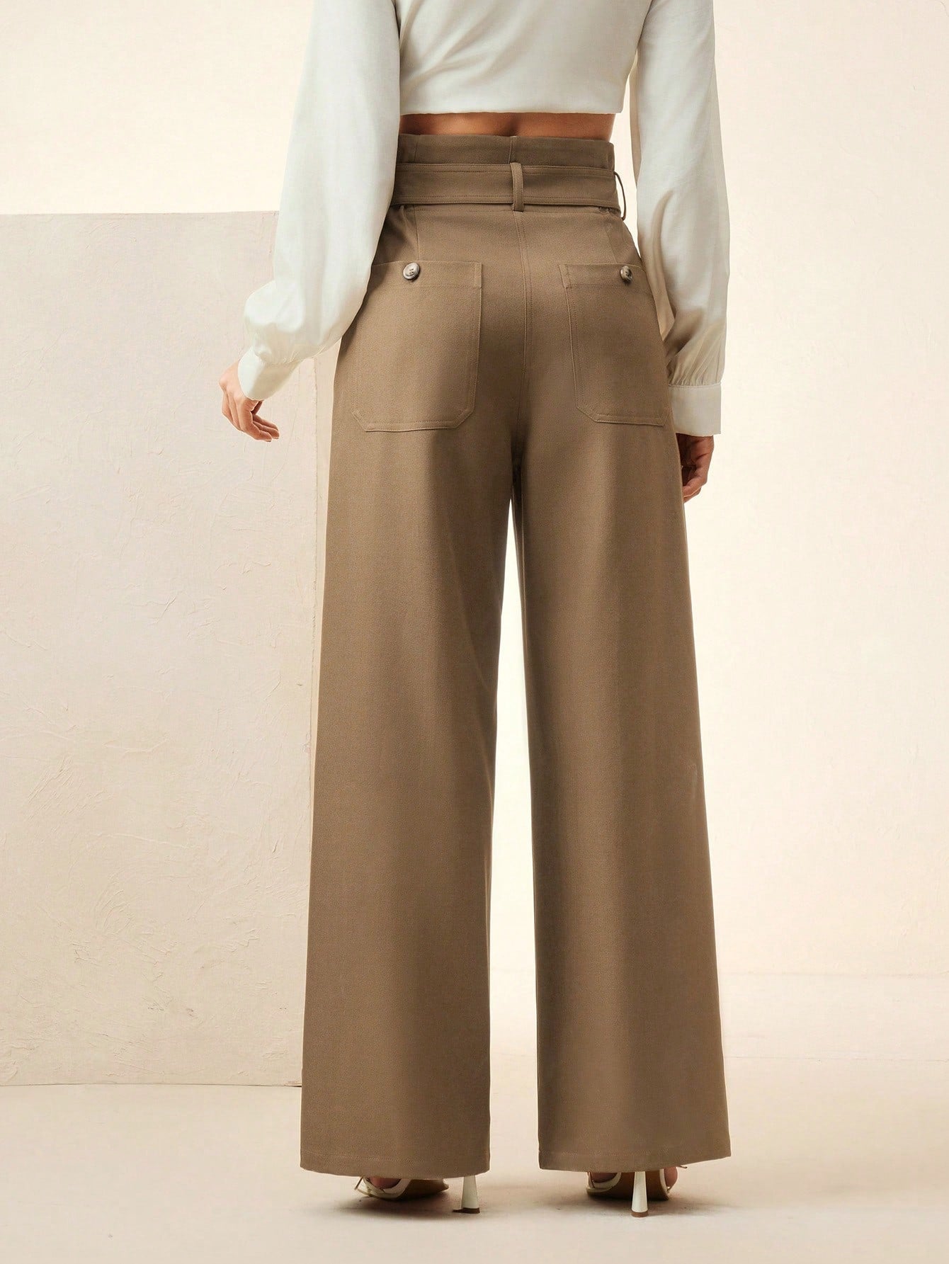 High-Waist Taupe Wide-Leg Trousers with Belt