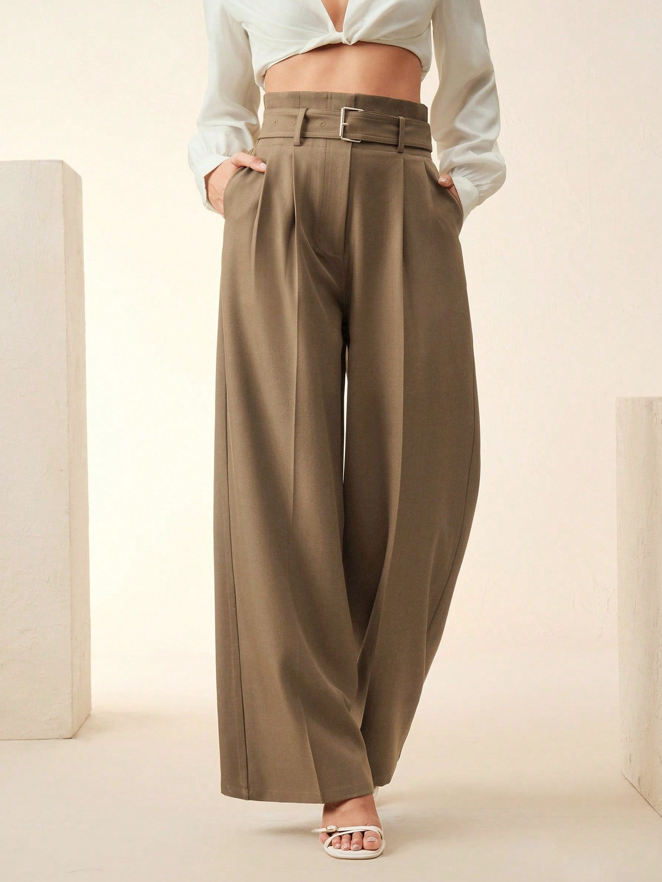 High-Waist Taupe Wide-Leg Trousers with Belt