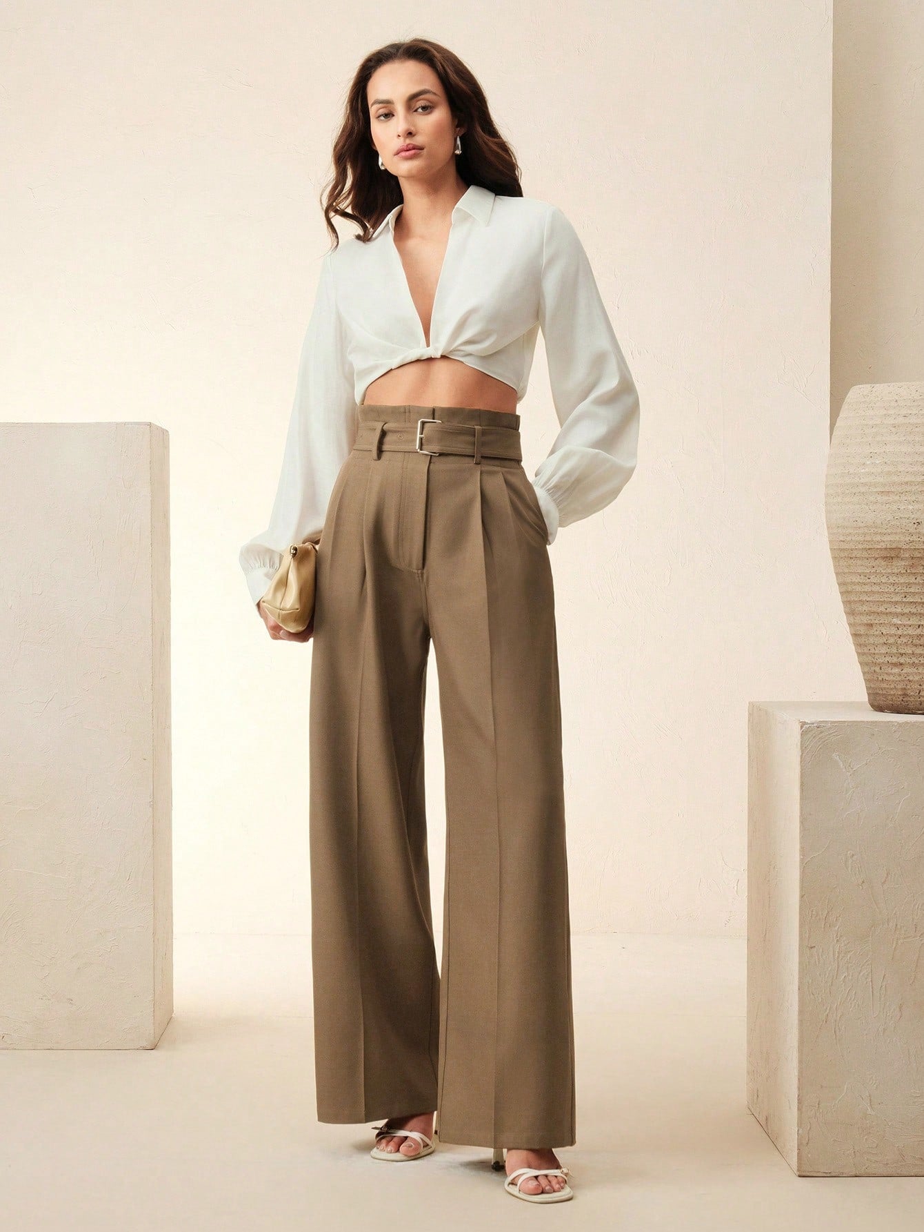 High-Waist Taupe Wide-Leg Trousers with Belt