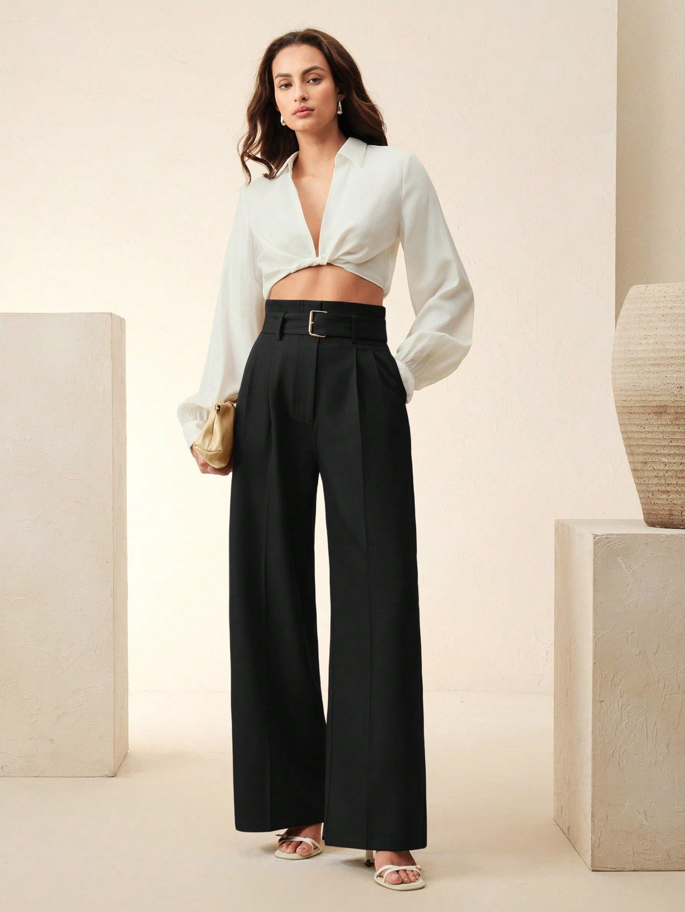 High-Waist Black Wide-Leg Trousers With Belt