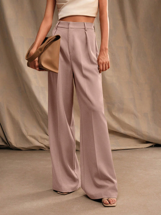 High-Waist Blush Taupe Wide-Leg Pleated Trousers