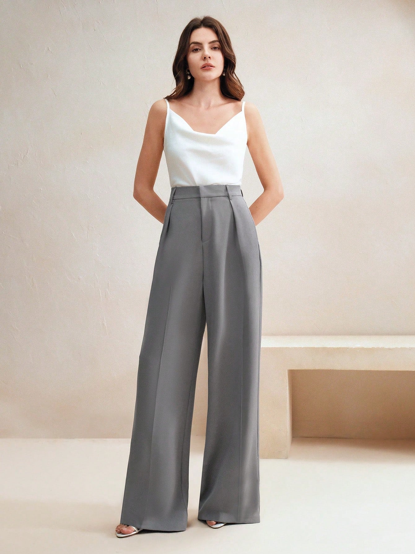 High-Waist Grey Tailored Wide-Leg Trousers