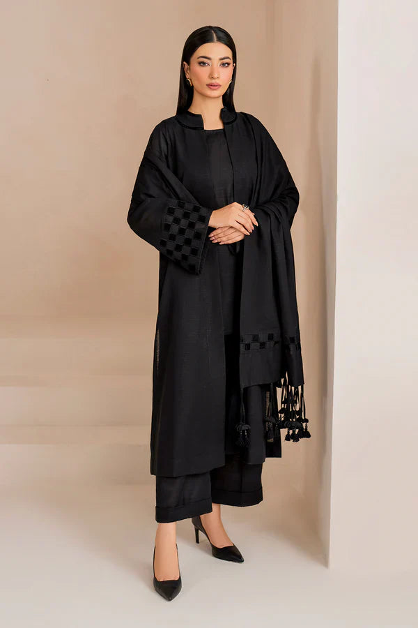Noir Luxe Textured Black Kurta Set with Tassel Shawl