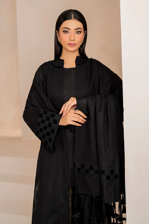 Noir Luxe Textured Black Kurta Set with Tassel Shawl