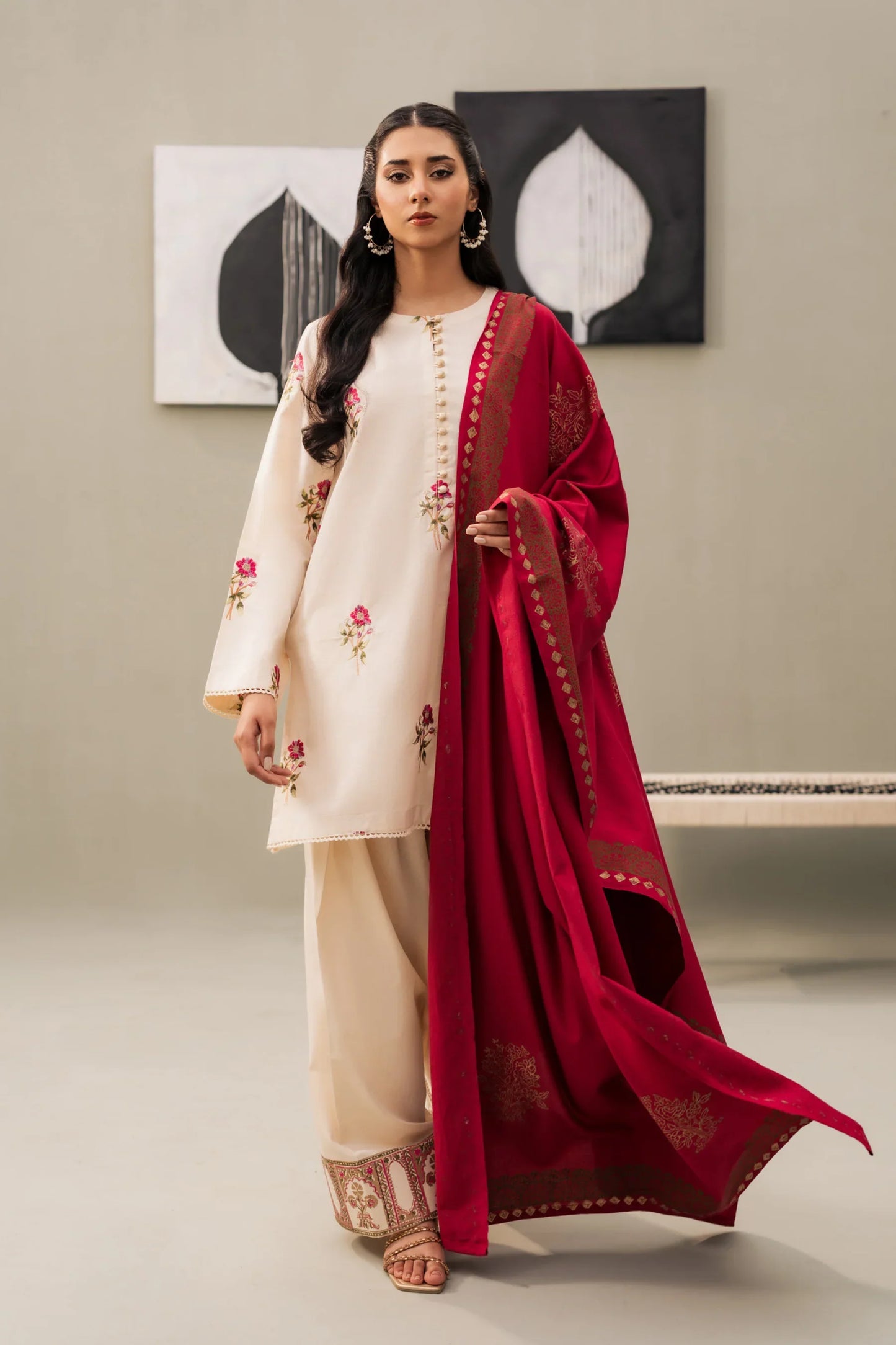 Ivory Rouge Floral Embroidered Kurta Set with Maroon Shawl