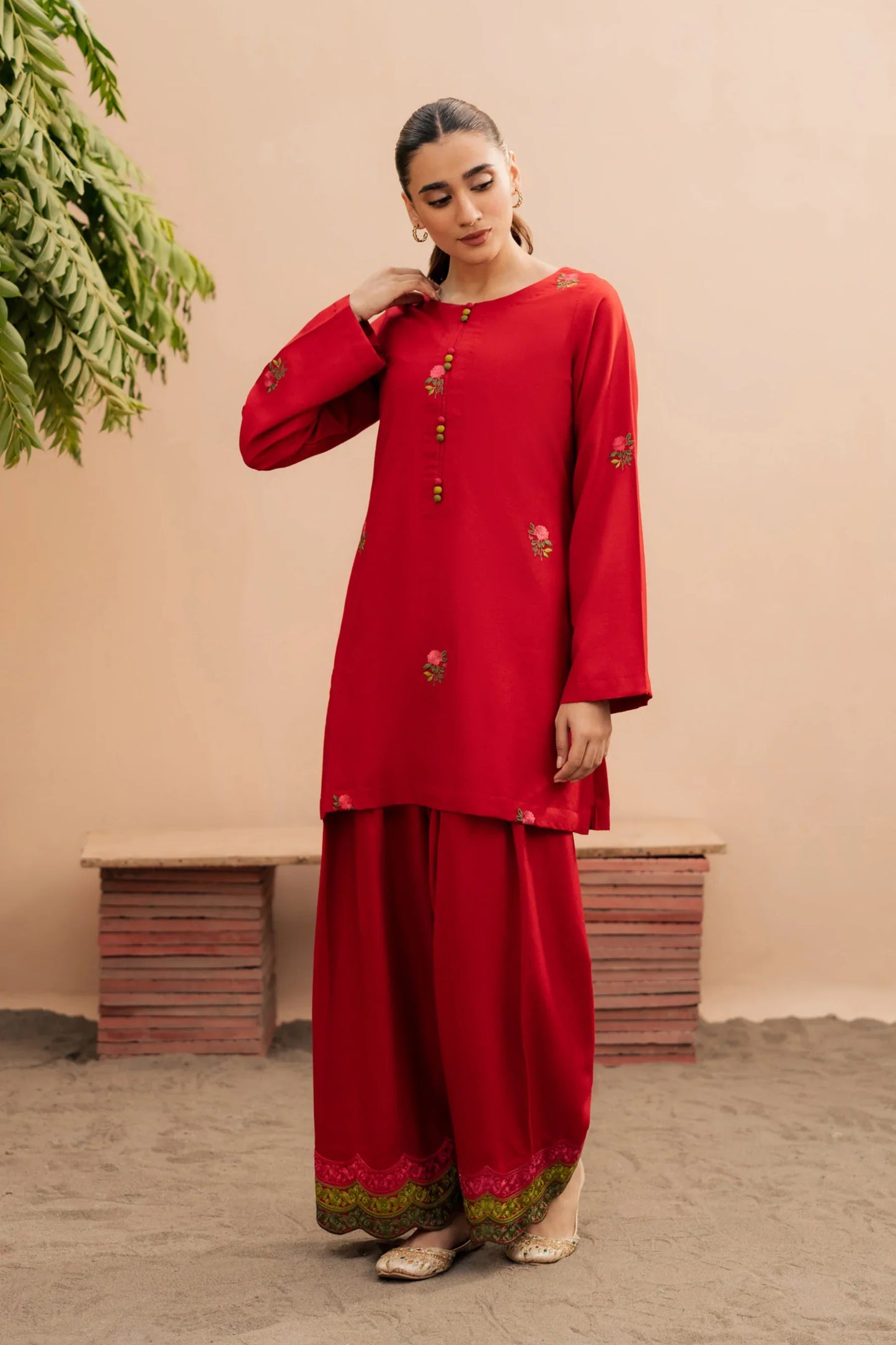 Crimson Ivory Embroidered Kurta Set with Shawl