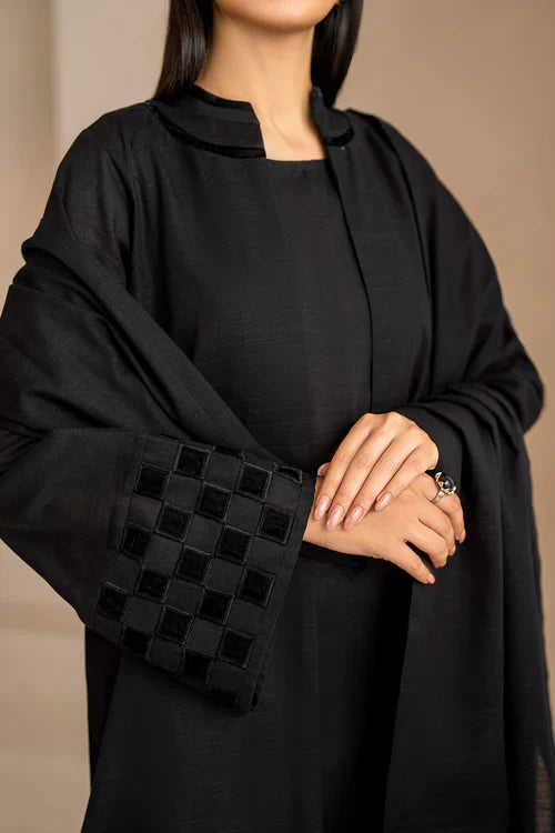 Noir Luxe Textured Black Kurta Set with Tassel Shawl