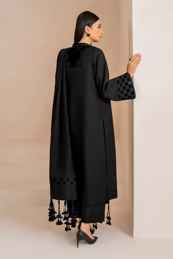 Noir Luxe Textured Black Kurta Set with Tassel Shawl
