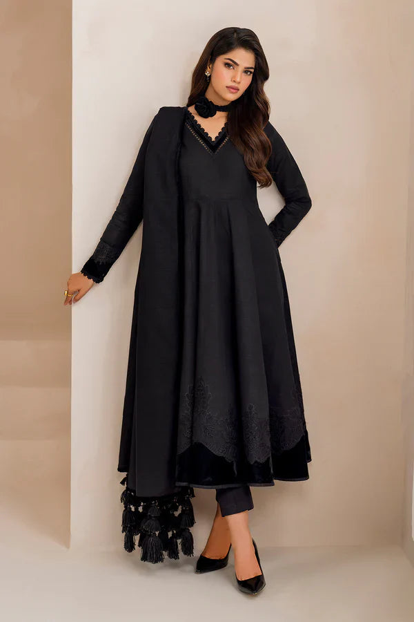 Midnight Muse Anarkali Kurta Set with Velvet Accents & Tassel Shawl