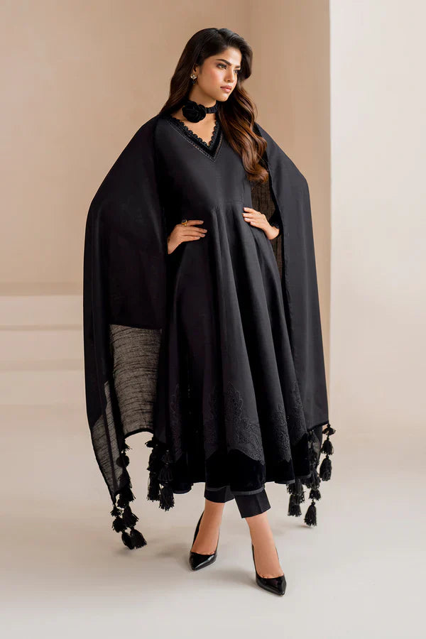 Midnight Muse Anarkali Kurta Set with Velvet Accents & Tassel Shawl