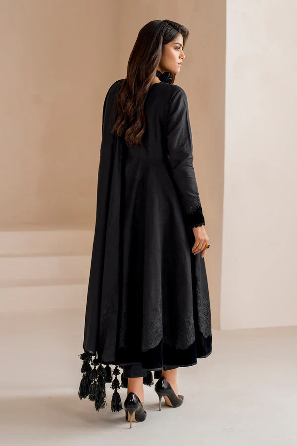 Midnight Muse Anarkali Kurta Set with Velvet Accents & Tassel Shawl