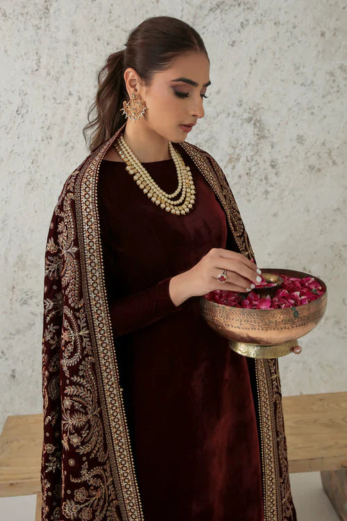 Garnet Empress Velvet Embroidered Kurta Set with Majestic Shawl