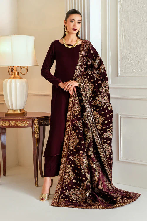 Velvet Majesty Maroon Embroidered Kurta Set with Heavy Shawl