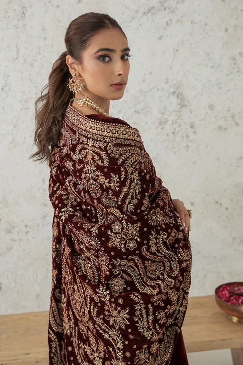 Garnet Empress Velvet Embroidered Kurta Set with Majestic Shawl