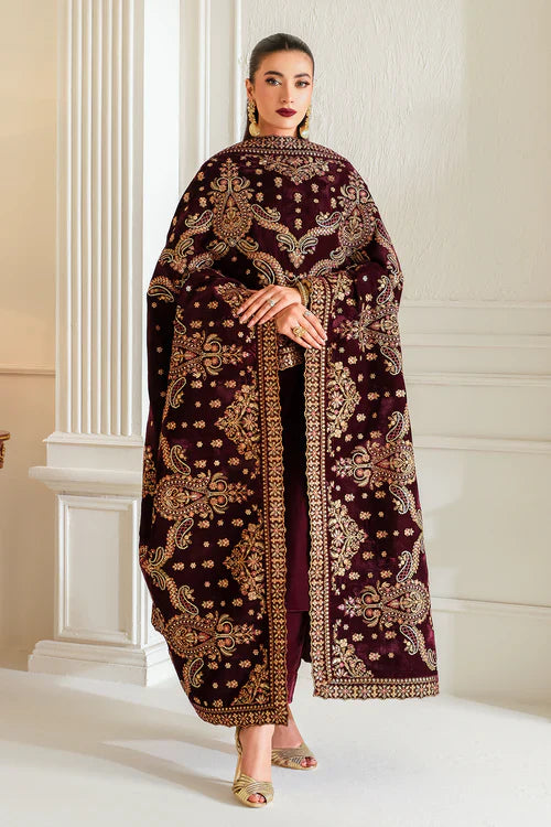 Velvet Majesty Maroon Embroidered Kurta Set with Heavy Shawl