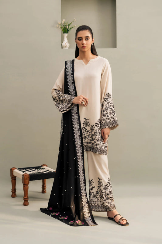 Ivory Noir Embroidered Kurta Set with Contrasting Black Shawl