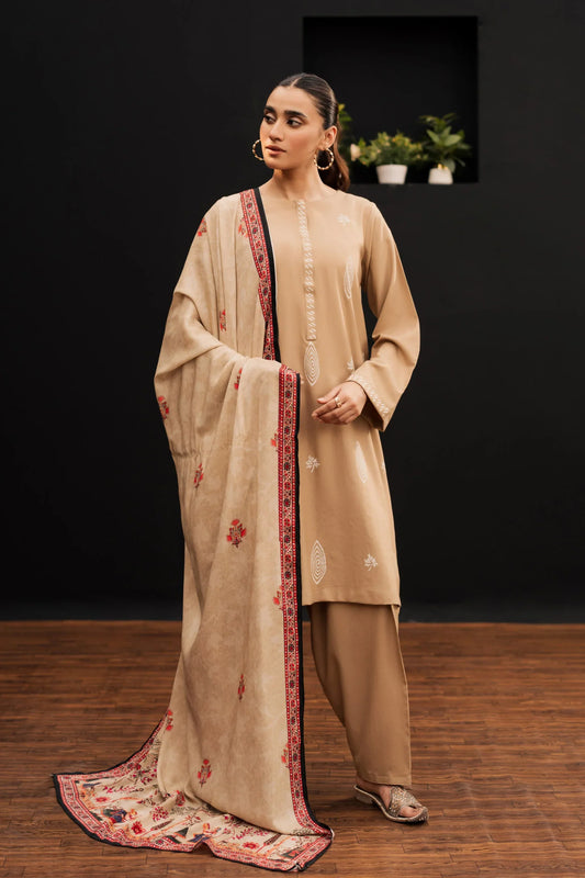 Caramel Beige Embroidered Kurta Set with Kashmiri-Inspired Shawl