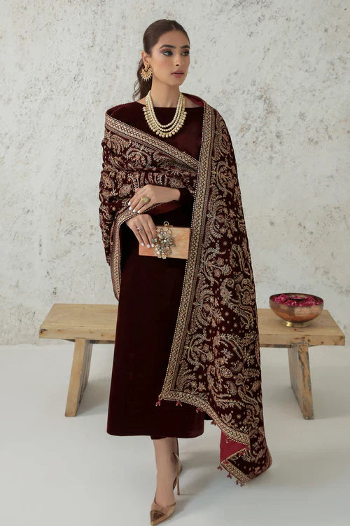 Garnet Empress Velvet Embroidered Kurta Set with Majestic Shawl