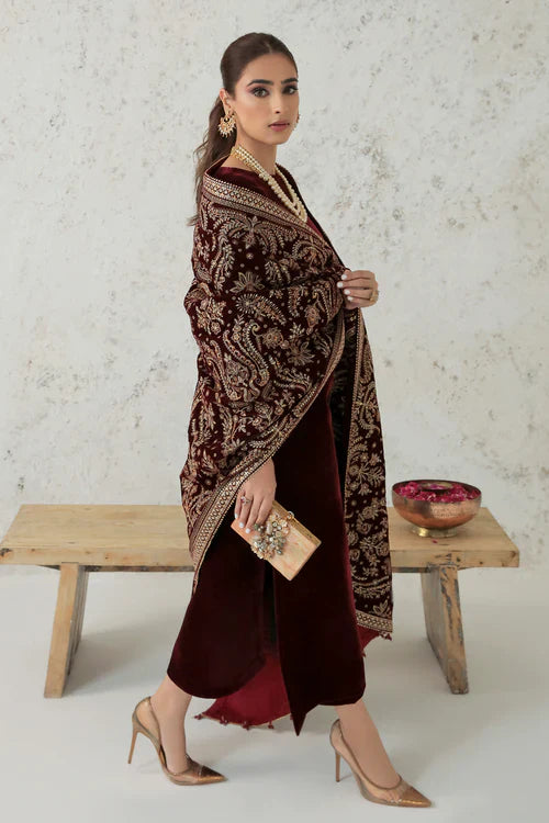 Garnet Empress Velvet Embroidered Kurta Set with Majestic Shawl
