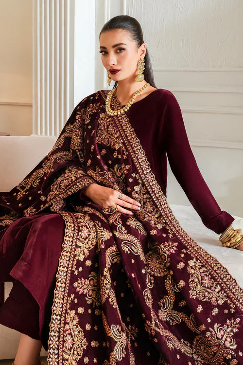 Velvet Majesty Maroon Embroidered Kurta Set with Heavy Shawl