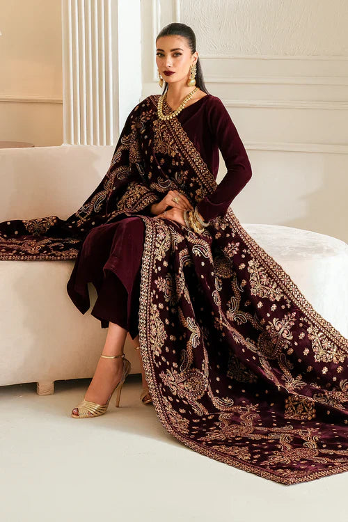 Velvet Majesty Maroon Embroidered Kurta Set with Heavy Shawl