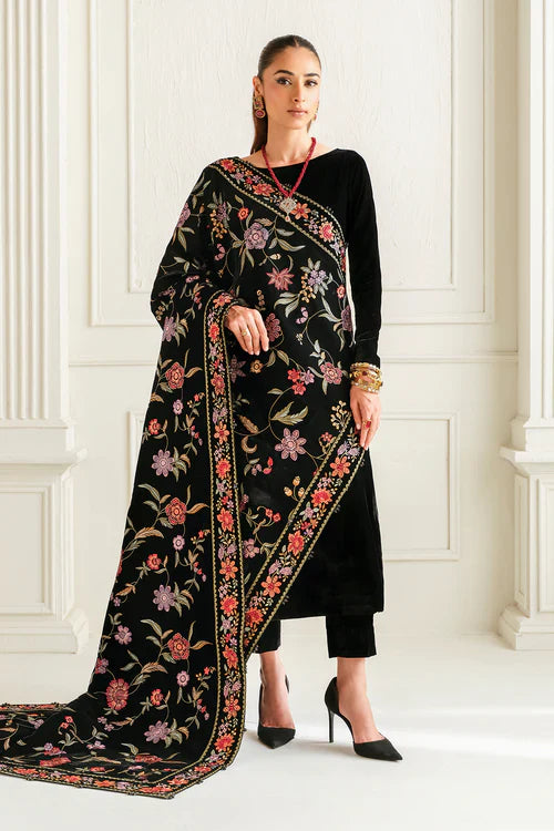 Noir Garden Velvet Embroidered Kurta Set with Kashmiri Shawl