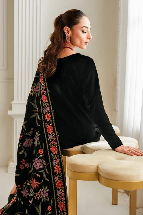 Noir Garden Velvet Embroidered Kurta Set with Kashmiri Shawl
