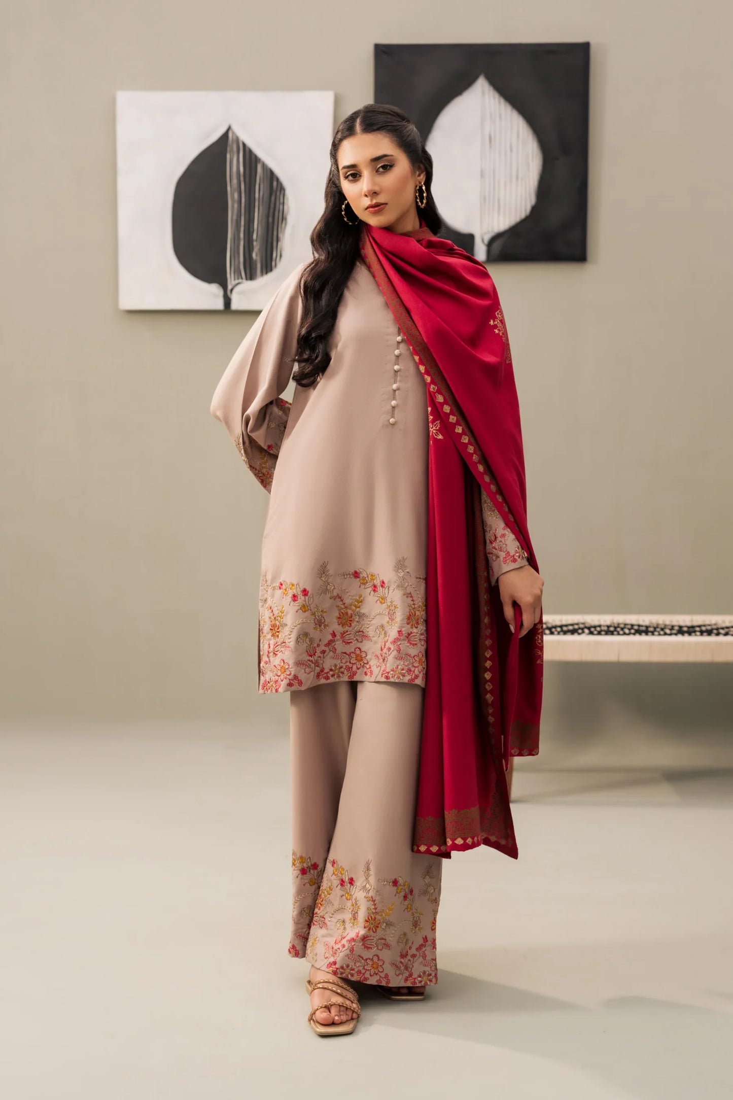 Taupe Rose Embroidered Kurta Set with Crimson Shawl