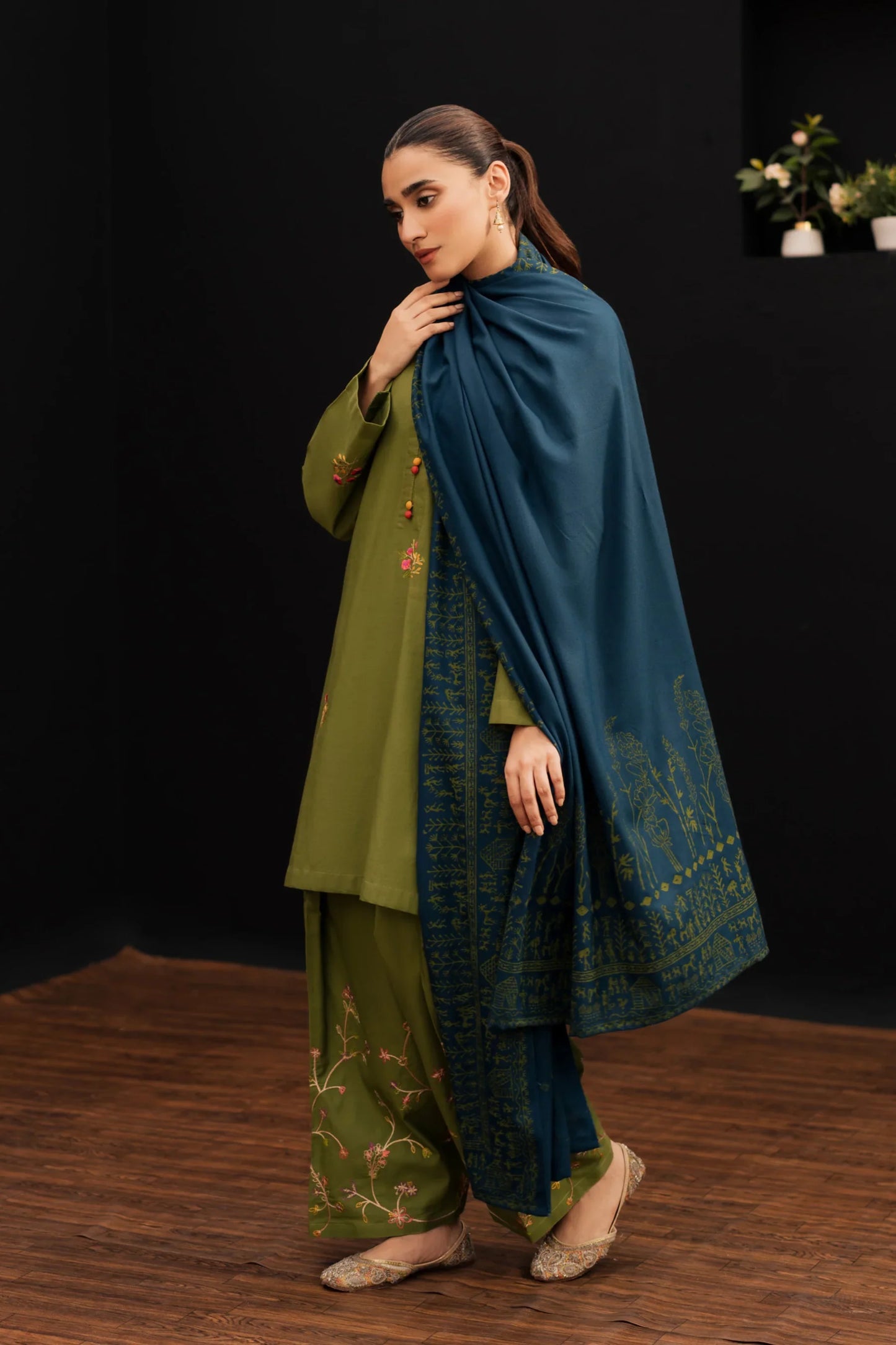Olive Teal Embroidered Kurta Set with Shawl
