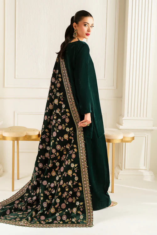 Emerald Enigma Velvet Embroidered Kurta Set with Heavy Shawl