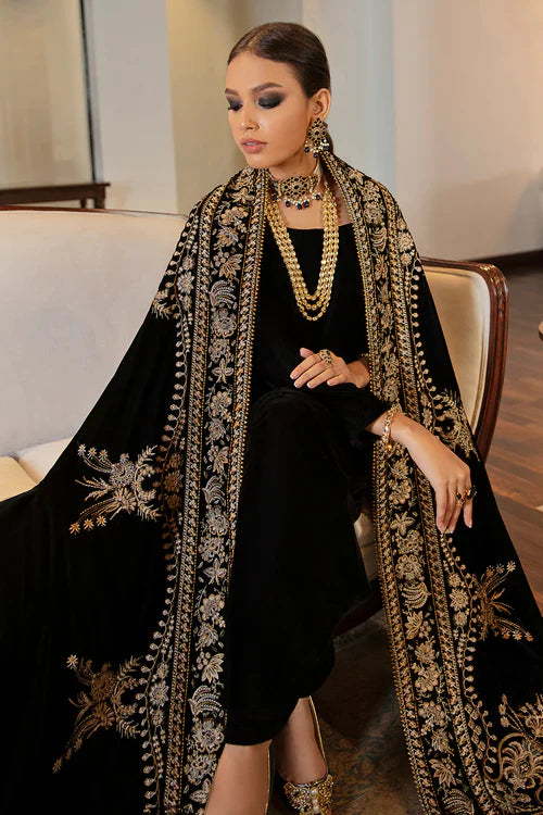 Midnight Majesty Velvet Hand-Embroidered Kurta Set with Grand Shawl