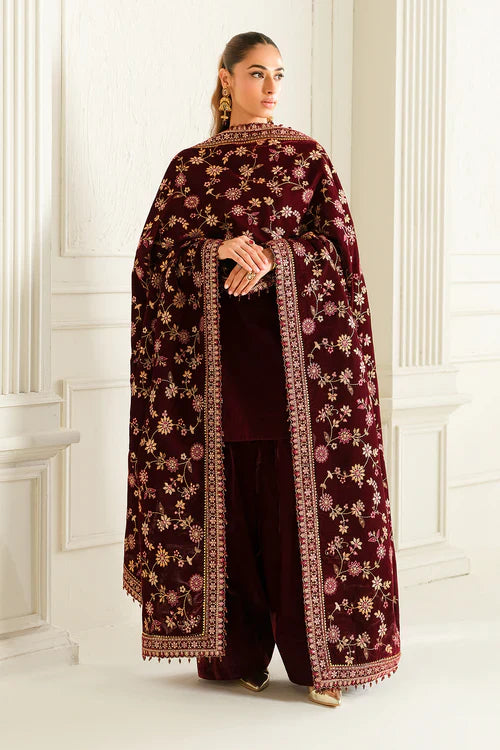 Garnet Grace Velvet Embroidered Kurta Set with Heavy Shawl