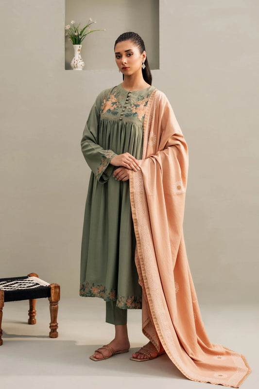 Sage Peach Embroidered A-Line Kurta Set with Shawl