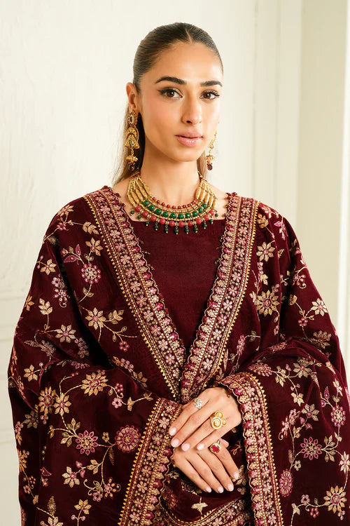 Garnet Grace Velvet Embroidered Kurta Set with Heavy Shawl