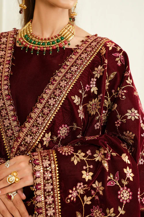 Garnet Grace Velvet Embroidered Kurta Set with Heavy Shawl