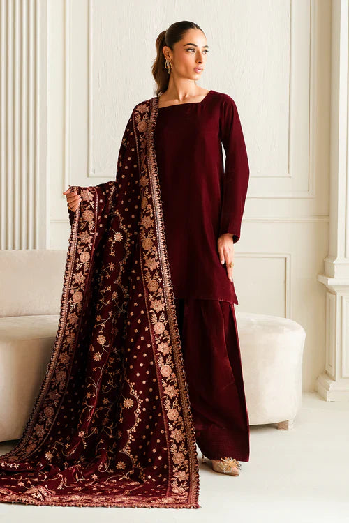 Crimson Majesty Velvet Embroidered Kurta Set with Regal Shawl